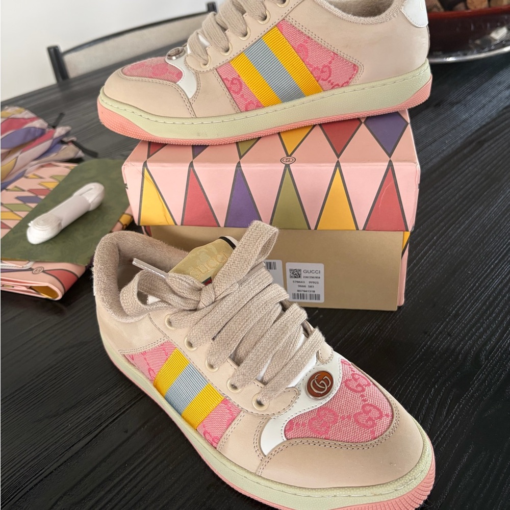 Gucci Beige and Pink Sneakers with Colorful Stripes